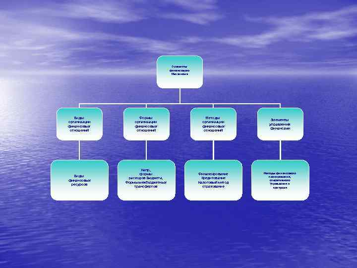Элементы финансового Механизма Виды организации финансовых отношений Виды финансовых ресурсов Формы организации финансовых отношений