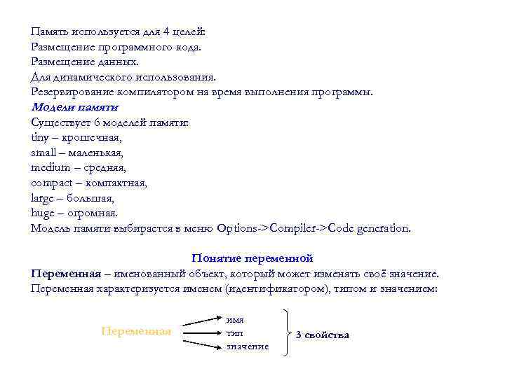 Память используется для 4 целей: Размещение программного кода. Размещение данных. Для динамического использования. Резервирование