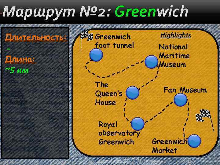 Маршрут № 2: Greenwich Длительность: - Greenwich foot tunnel Длина: ~5 км The Queen’s