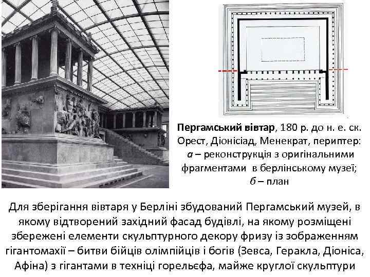 Пергамський вівтар, 180 р. до н. е. ск. Орест, Діонісіад, Менекрат, периптер: а –