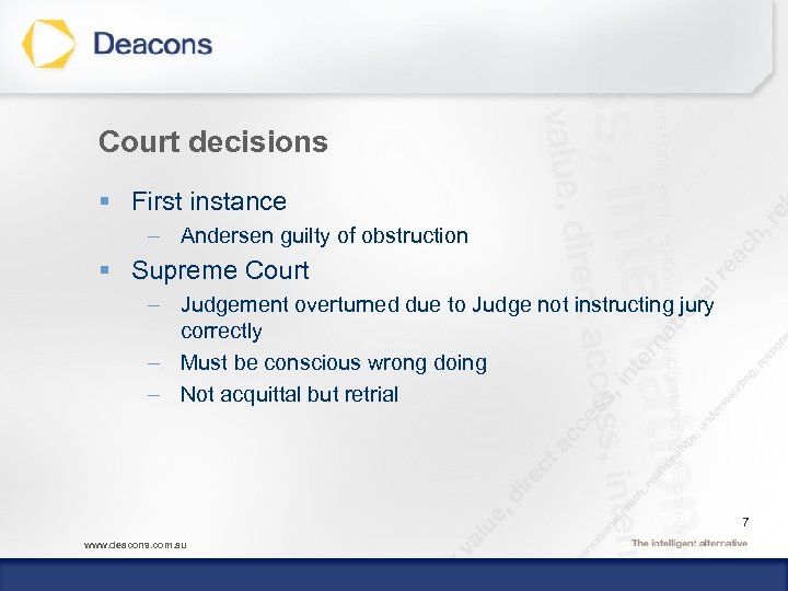 Court decisions § First instance – Andersen guilty of obstruction § Supreme Court –