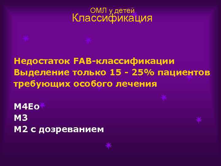 ОМЛ у детей Классификация Недостаток FAB-классификации Выделение только 15 - 25% пациентов требующих особого