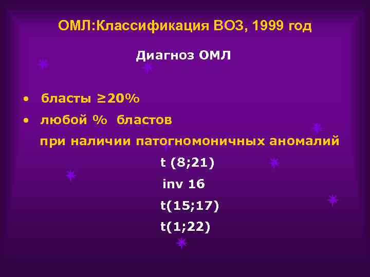 ОМЛ: Классификация ВОЗ, 1999 год Диагноз ОМЛ • бласты ≥ 20% • любой %