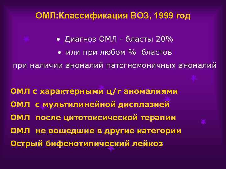 ОМЛ: Классификация ВОЗ, 1999 год • Диагноз ОМЛ - бласты 20% • или при