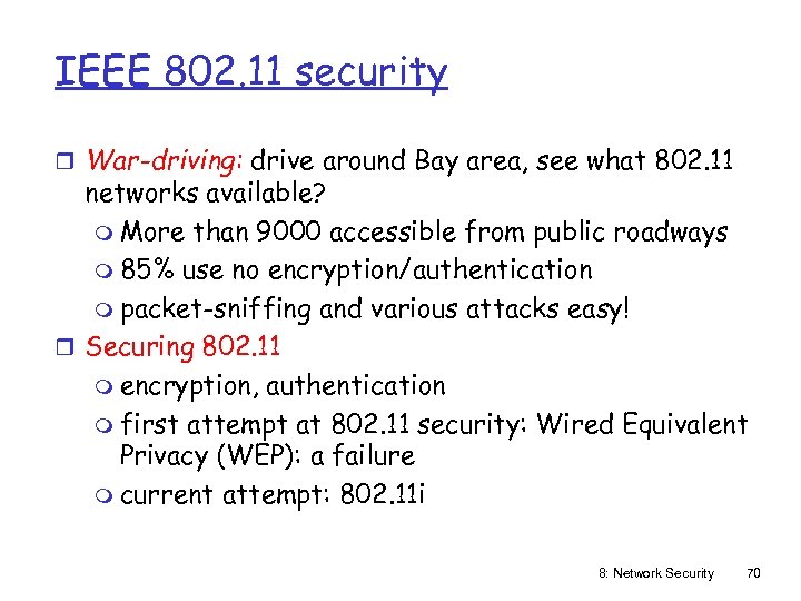 IEEE 802. 11 security r War-driving: drive around Bay area, see what 802. 11