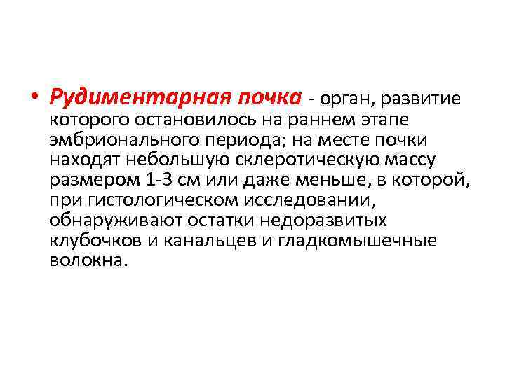  • Рудиментарная почка - орган, развитие которого остановилось на раннем этапе эмбрионального периода;