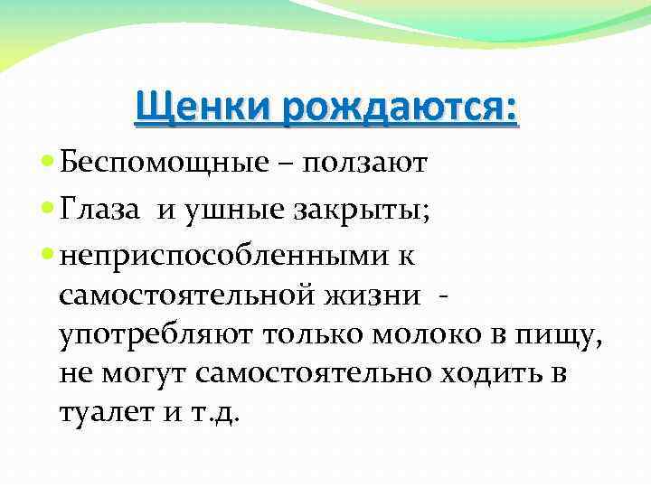 Щенки рождаются: Беспомощные – ползают Глаза и ушные закрыты; неприспособленными к самостоятельной жизни употребляют