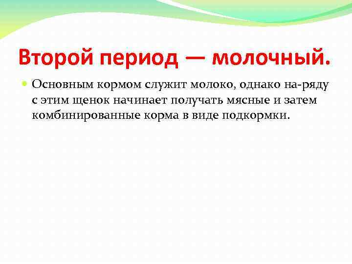 Второй период — молочный. Основным кормом служит молоко, однако на ряду с этим щенок