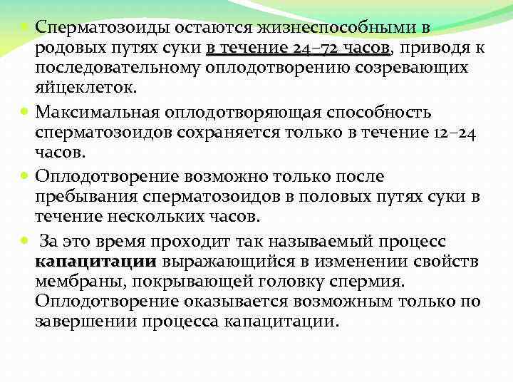  Сперматозоиды остаются жизнеспособными в родовых путях суки в течение 24– 72 часов, приводя