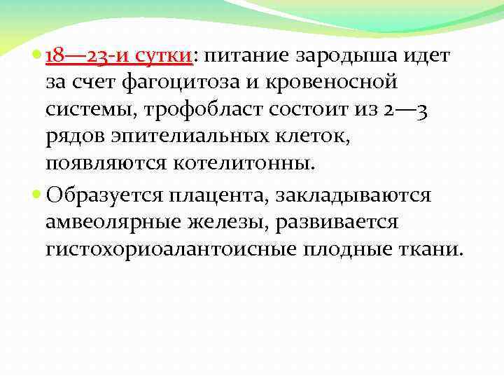  18— 23 и сутки: питание зародыша идет сутки за счет фагоцитоза и кровеносной