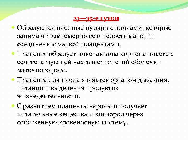 23— 35 -е сутки Образуются плодные пузыри с плодами, которые занимают равномерно всю полость