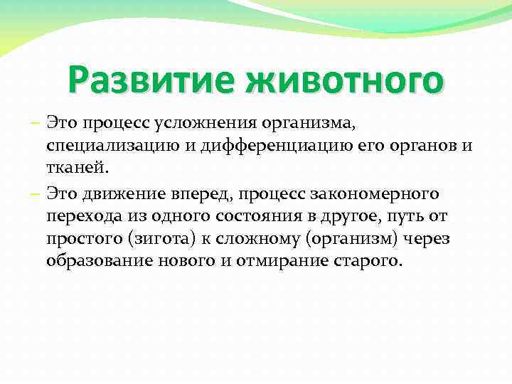 Развитие животного – Это процесс усложнения организма, специализацию и дифференциацию его органов и тканей.