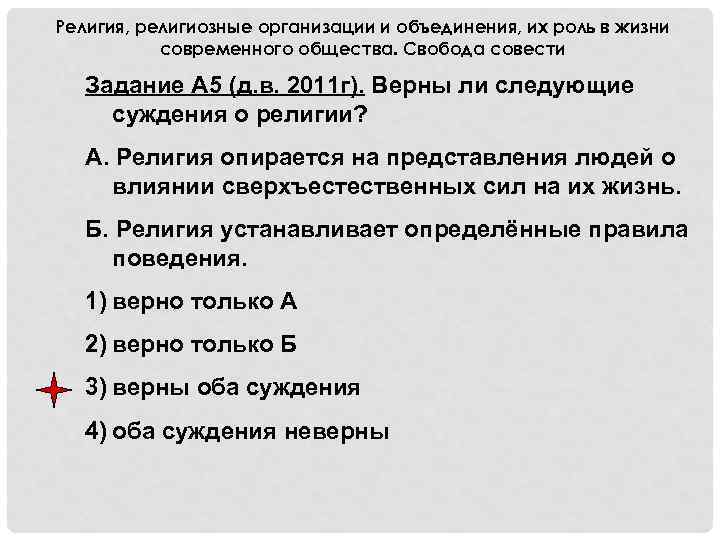 Религия, религиозные организации и объединения, их роль в жизни современного общества. Свобода совести Задание