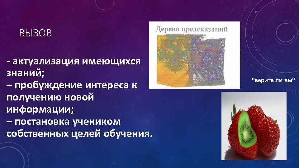 ВЫЗОВ - актуализация имеющихся знаний; – пробуждение интереса к получению новой информации; – постановка