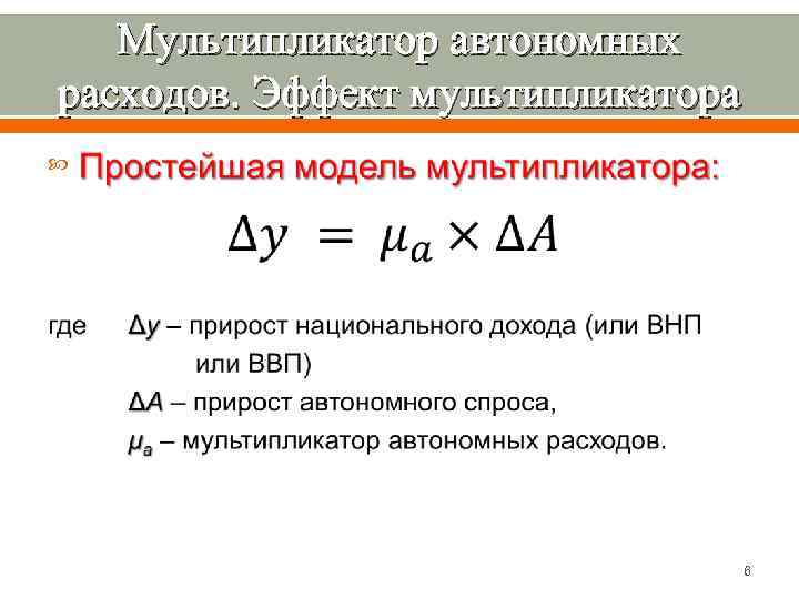 Мультипликатор автономных расходов. Эффект мультипликатора 6 