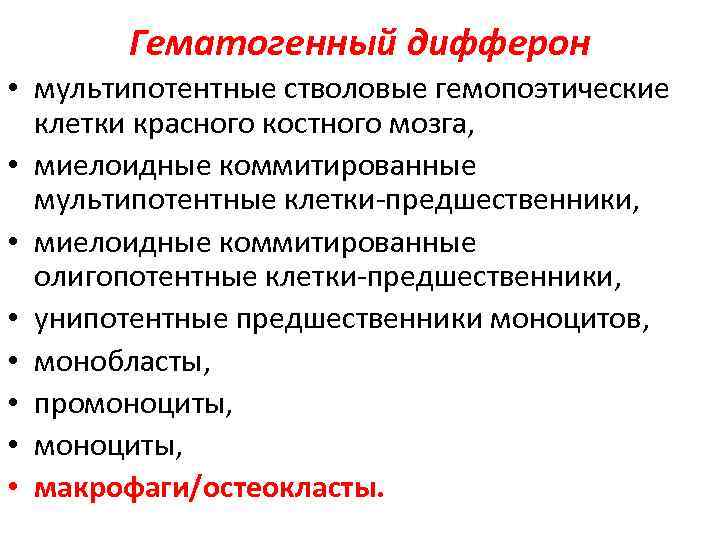 Гематогенный дифферон • мультипотентные стволовые гемопоэтические клетки красного костного мозга, • миелоидные коммитированные мультипотентные