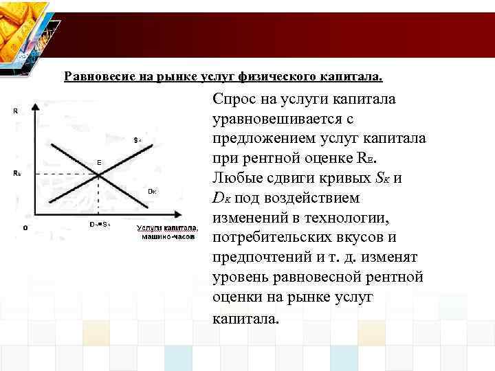 Равновесие на рынке услуг физического капитала. Спрос на услуги капитала уравновешивается с предложением услуг