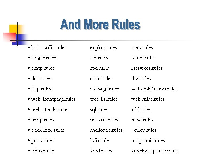  • bad-traffic. rules exploit. rules scan. rules • finger. rules ftp. rules telnet.