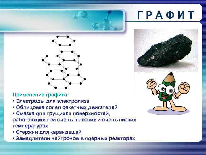 ГРАФИТ Применение графита: • Электроды для электролиза • Облицовка сопел ракетных двигателей • Смазка