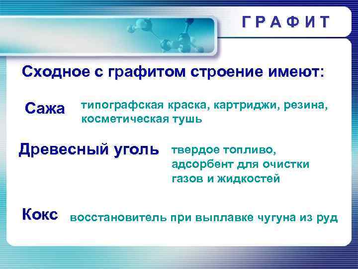 ГРАФИТ Сходное с графитом строение имеют: Сажа типографская краска, картриджи, резина, косметическая тушь Древесный