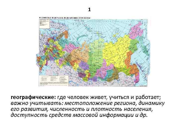 1 географические: где человек живет, учиться и работает; важно учитывать: местоположение региона, динамику его