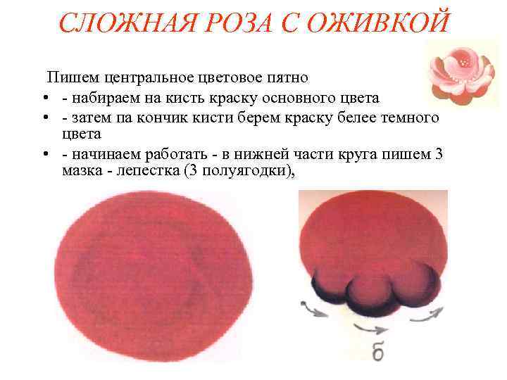 СЛОЖНАЯ РОЗА С ОЖИВКОЙ Пишем центральное цветовое пятно • - набираем на кисть краску