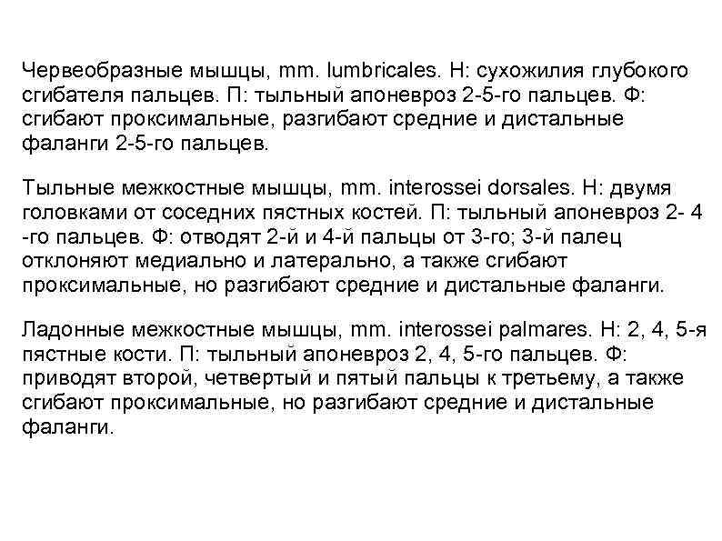 Червеобразные мышцы, mm. lumbricales. Н: сухожилия глубокого сгибателя пальцев. П: тыльный апоневроз 2 -5