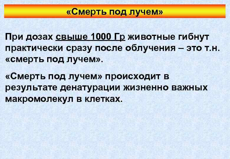  «Смерть под лучем» При дозах свыше 1000 Гр животные гибнут практически сразу после