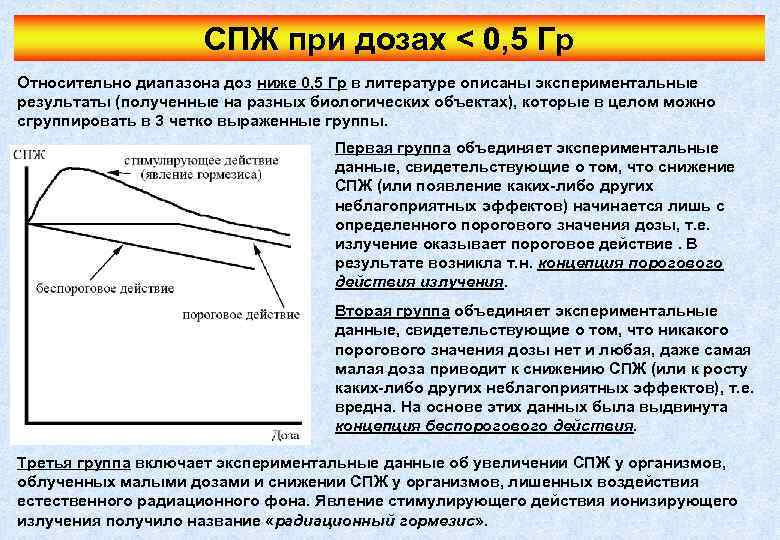 СПЖ при дозах < 0, 5 Гр Относительно диапазона доз ниже 0, 5 Гр