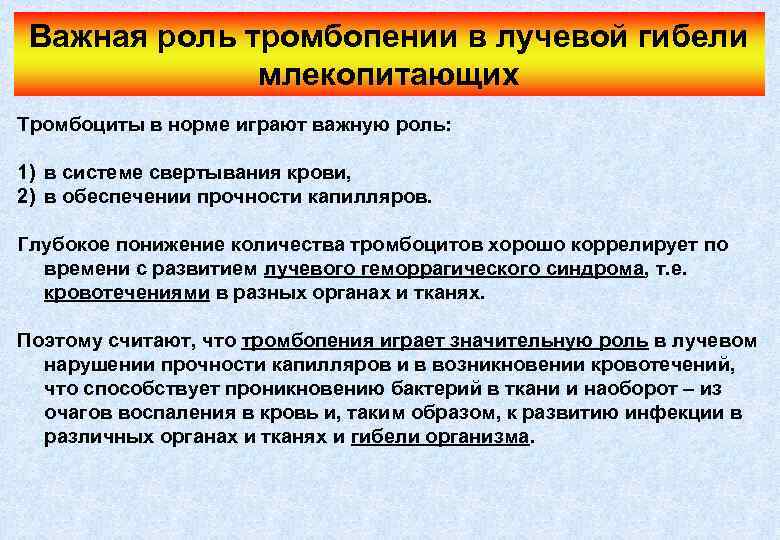Важная роль тромбопении в лучевой гибели млекопитающих Тромбоциты в норме играют важную роль: 1)
