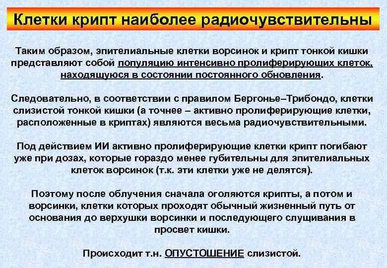 Клетки крипт наиболее радиочувствительны Таким образом, эпителиальные клетки ворсинок и крипт тонкой кишки представляют