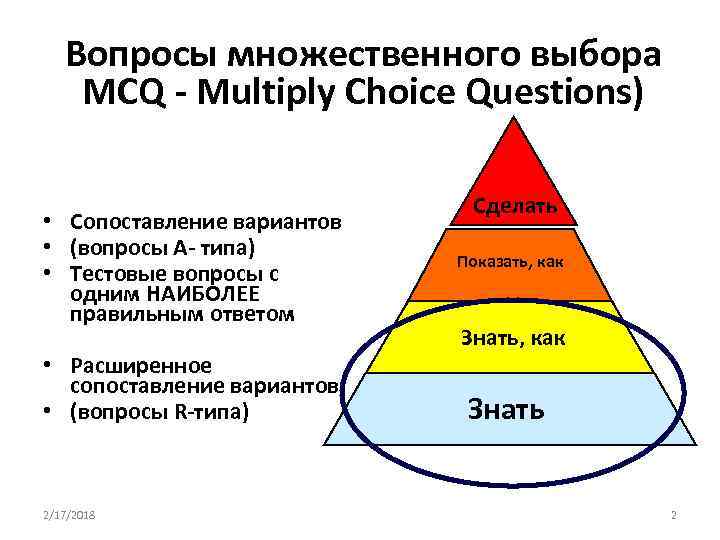 Вопросы множественного выбора MCQ - Multiply Choice Questions) • Сопоставление вариантов • (вопросы А-
