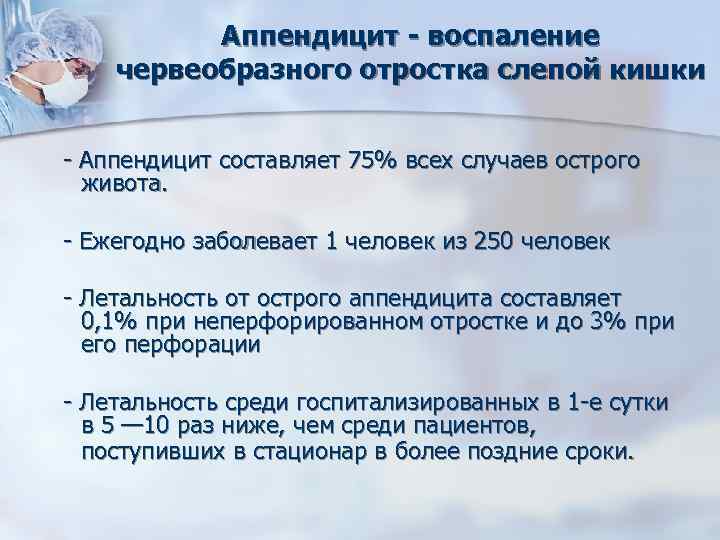 Аппендицит - воспаление червеобразного отростка слепой кишки - Аппендицит составляет 75% всех случаев острого