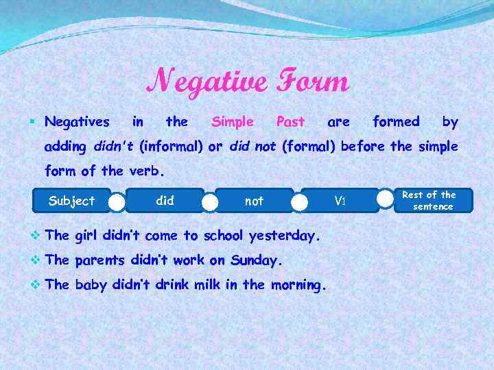 Negative Form § Negatives in the Simple Past are formed by adding didn't (informal)