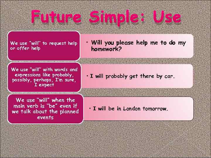 Future Simple: Use We use “will” to request help or offer help • Will