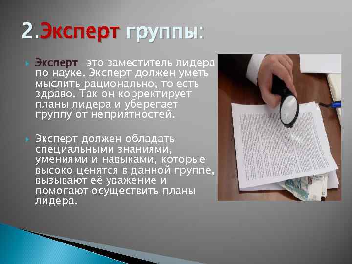 2. Эксперт группы: Эксперт –это заместитель лидера по науке. Эксперт должен уметь мыслить рационально,
