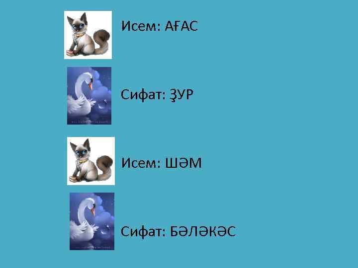 Исем: АҒАС Сифат: ҘУР Исем: ШӘМ Сифат: БӘЛӘКӘС 