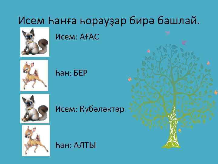 Исем Һанға һорауҙар бирә башлай. Исем: АҒАС Һан: БЕР Исем: Күбәләктәр Һан: АЛТЫ 