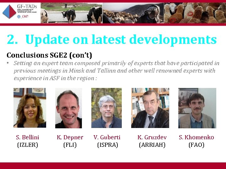 2. Update on latest developments Conclusions SGE 2 (con’t) • Setting an expert team