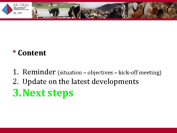 * Content 1. Reminder (situation – objectives – kick-off meeting) 2. Update on the