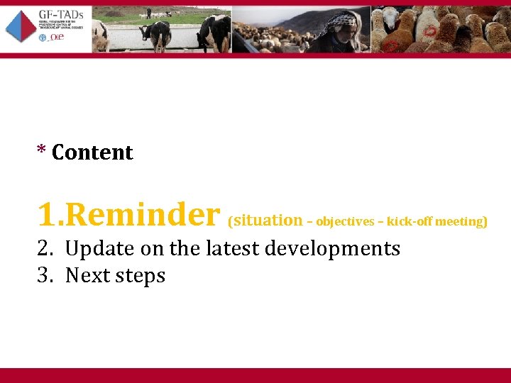 * Content 1. Reminder (situation – objectives – kick-off meeting) 2. Update on the