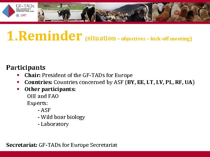 1. Reminder (situation – objectives – kick-off meeting) Participants § Chair: President of the