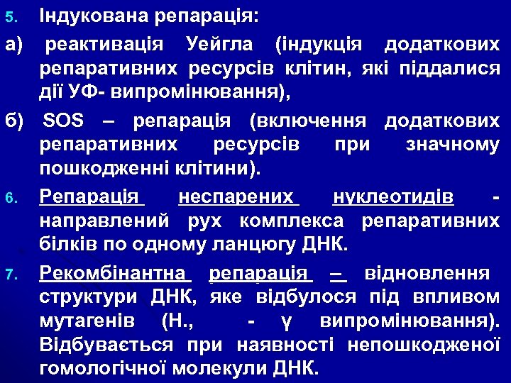 Індукована репарація: а) реактивація Уейгла (індукція додаткових репаративних ресурсів клітин, які піддалися дії УФ-