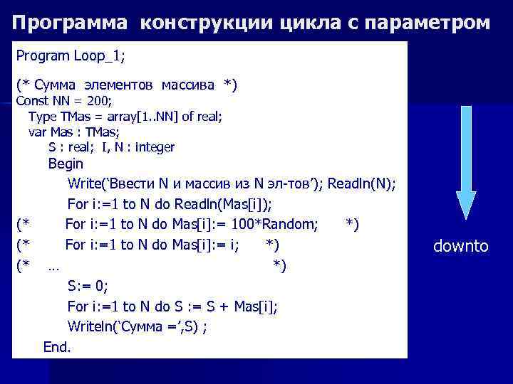 Программа конструкции цикла с параметром Program Loop_1; (* Сумма элементов массива *) Const NN