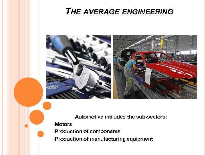 THE AVERAGE ENGINEERING Automotive includes the sub-sectors: • Motors • Production of components •