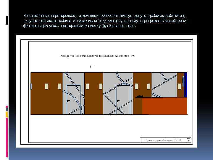 На стеклянных перегородках, отделяющих репрезентативную зону от рабочих кабинетов, рисунок потолка в кабинете генерального