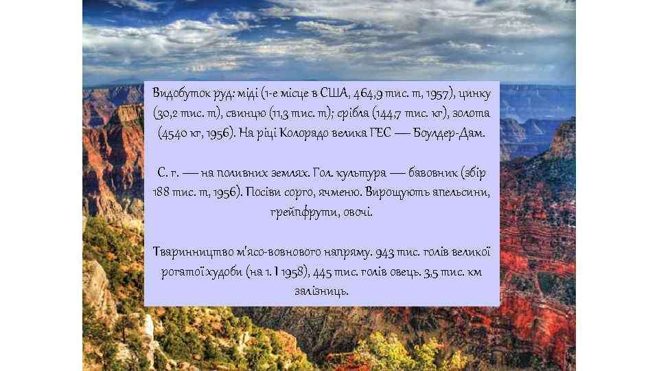 Видобуток руд: міді (1 -е місце в США, 464, 9 тис. т, 1957), цинку