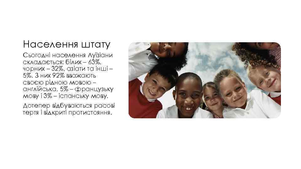 Населення штату Сьогодні населення Луїзіани складається: білих – 63%, чорних – 32%, азіати та