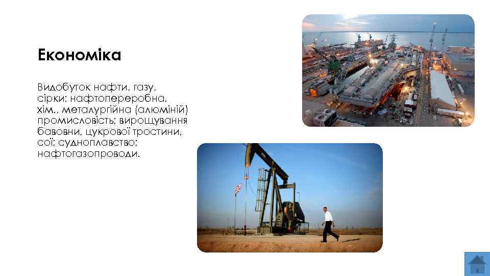 Економіка Видобуток нафти, газу, сірки; нафтопереробна, хім. , металургійна (алюміній) промисловість; вирощування бавовни, цукрової