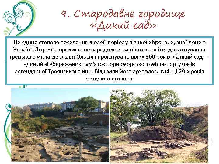 9. Стародавнє городище «Дикий сад» Це єдине степове поселення людей періоду пізньої «бронзи» ,